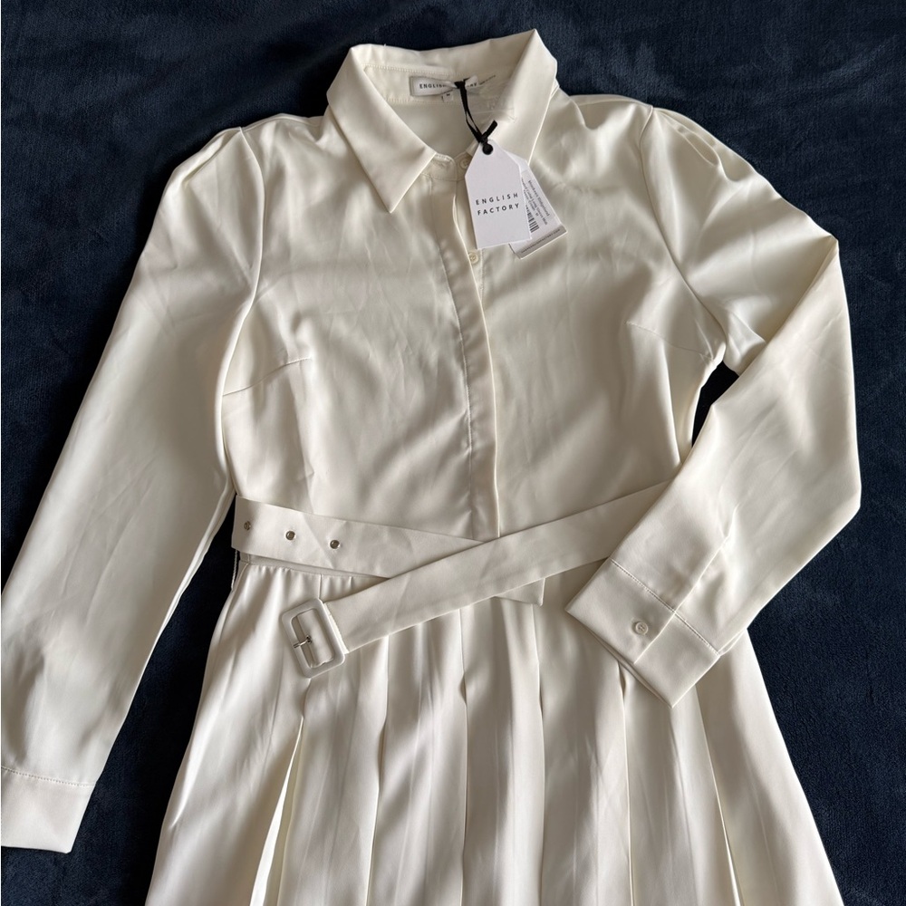 English Factory Pleated Collared Long Sleeve Midi Dress Sz M Cream Quiet Luxury - Picture 3 of 14